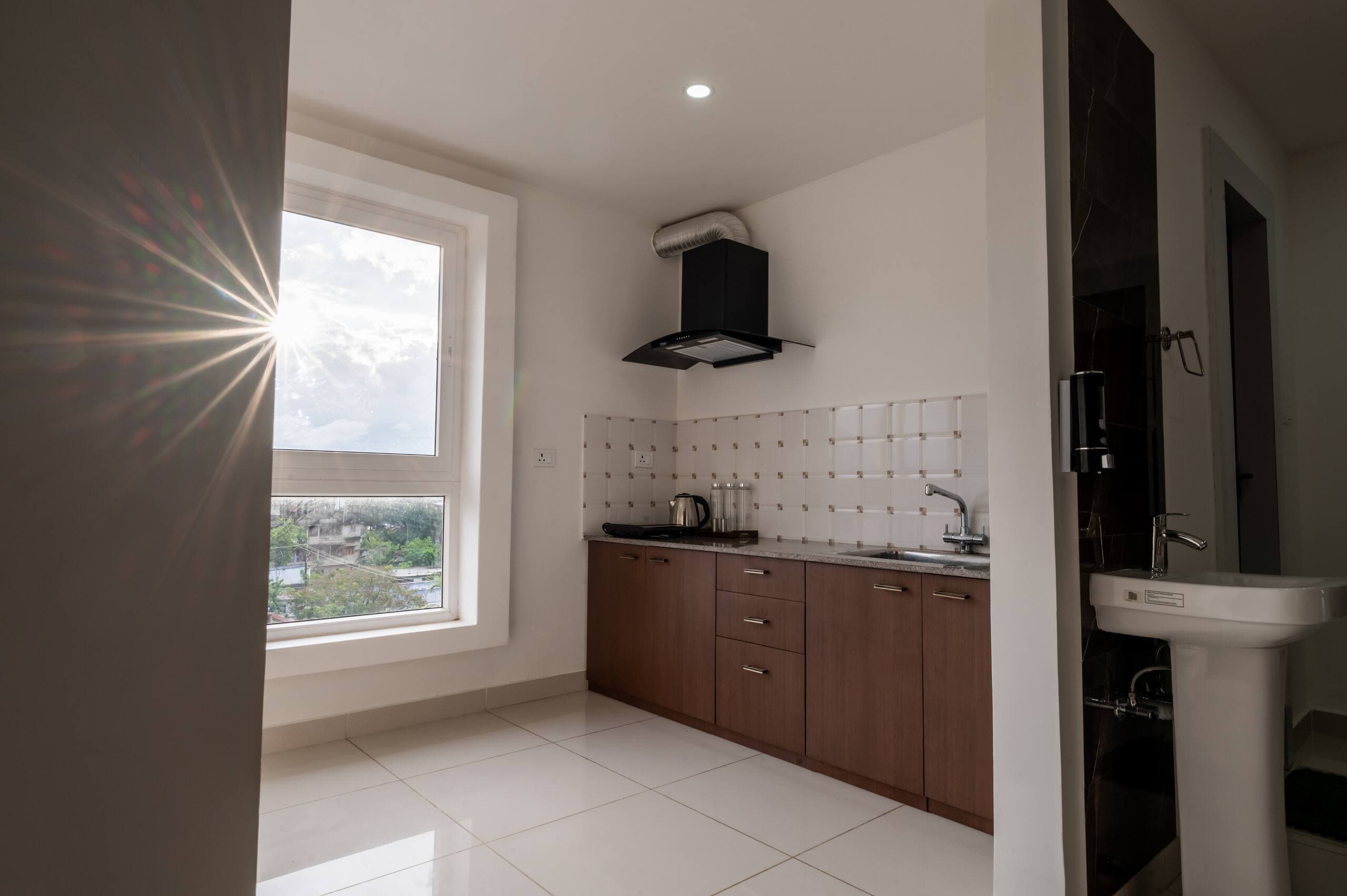 The kitchen, with sun through the window